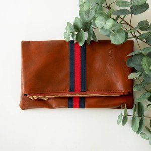 BRAND NEW PREPPY STRIPE BROWN FOLDOVER CLUTCH